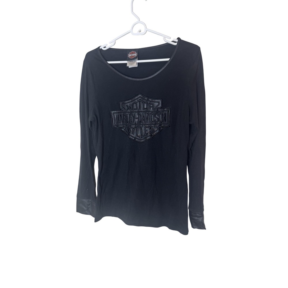 Harley-Davidson Shirt Womens Large Black‎ Long Sleeve Logo Faux Leather Cuff